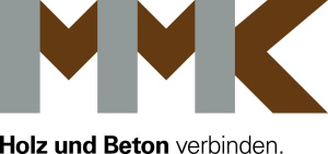 Logo mit stilisierten Buchstaben MMK, Slogan Holz und Beton verbinden, Fokus auf Holzbau